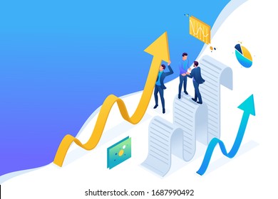 Isometric data collection agreement, businessmen collect information. Concept for web design.