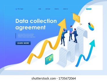 Isometric data collection agreement, businessmen collect information. Landing page concepts and web design.