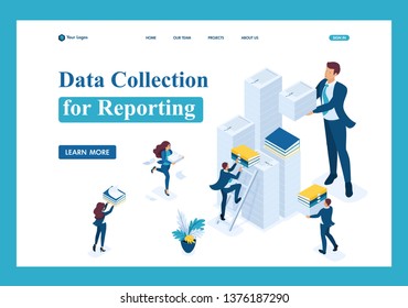 Isometric Data collection for reporting, audit company in tax period. Template Landing page
