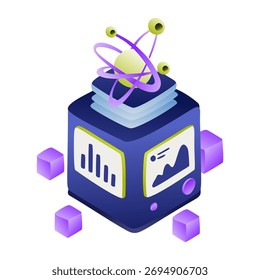 Isometric Data Cube with Charts and Atom Model, Purple and Yello