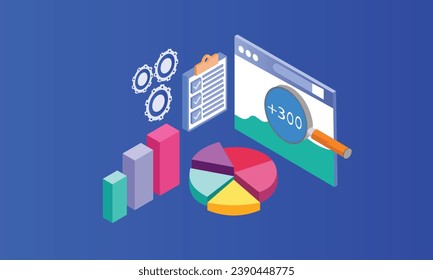Isometric data display Analyze tables, charts and graphs at business dashboard, digital data analysis concept.on blue background.3D design.isometric vector design.