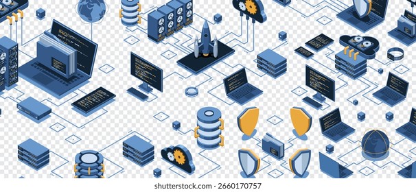 Isometric data network management. Cloud storage data and synchronization of devices. Networking, database, cloud storage. Isometric technology