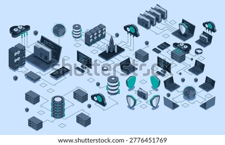 Isometric data network management. Cloud storage data and synchronization of devices. Networking, database, cloud storage. Isometric technology