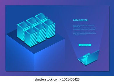 Isometric Of Data Network Management Concept . Business Networking Servers With Laptop. Cloud Storage Data And Synchronization With Modern Devices Technology.