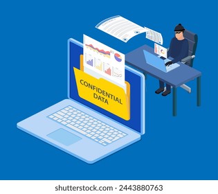 isometric Data phishing, hacker attack.Thief hacker in mask stealing personal information from laptop. Concept hacking. Vector illustration in flat style