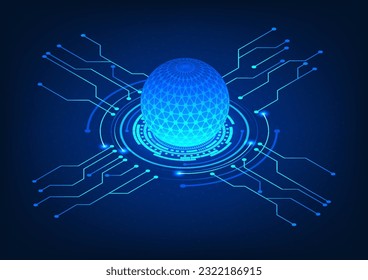 Procesador de datos isométrico con circuito conectado de tecnología El concepto de un procesador de tecnología que recibe datos y los procesa y los envía a otros sistemas operativos de la red de Internet