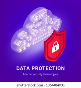 Isometric data protection banner. Icons in transparent glowing cyber cloud behind shield with lock. Safety confidential personal information concept. Vector illustration.For web sites, infographics