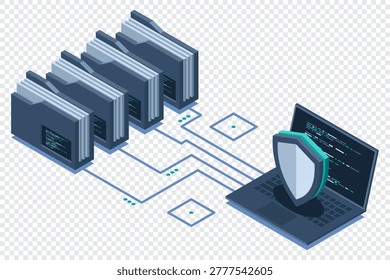 Isometric data protection with folder and laptop. Folder security. Safe documents and folder. Cybersecurity concept. Isometric technology