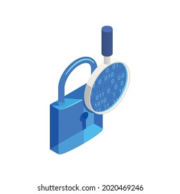 Isometric data protection icon with 3d images of lock and magnifier vector illustration
