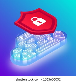 Isometric data protection neon vector illustration. Icons in transparent glowing cyber cloud behind shield. Safety confidential personal information concept. For web banners, sites, infographics