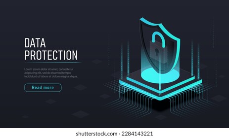 Protección de datos isométrica. Escuche en el procesador o chip. Seguridad en Internet y protección de la información personal. Tecnologías e innovaciones modernas. Ilustración vectorial de dibujos animados