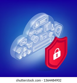 Isometric data protection vector illustration. Icons in transparent glowing cyber cloud behind shield with lock. Safety confidential personal information concept. For web banners, sites, infographics