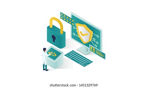 isometric data security illustration, people data security in isometric style design