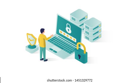 isometric data security illustration, people data security in isometric style design