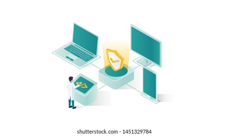 isometric data security illustration, people data security in isometric style design