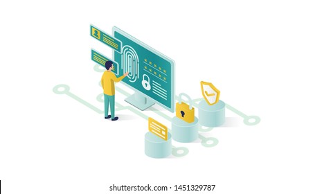 isometric data security illustration, people data security in isometric style design