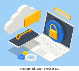Isometric Data Security system. Cyber security and privacy. Traffic Encryption, VPN, Privacy Protection Antivirus. Protection software, finance security