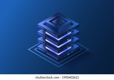 Isometric data server icon. Futuristic technlology database. 3d cloud center. Hosting storage concept. Vector illustration.