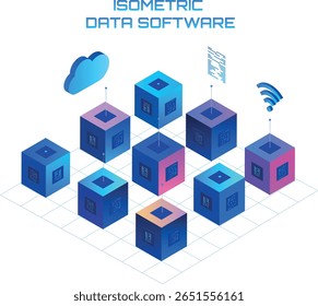 Isometric Data Software Cubes. Data center concept, data software connection, concept of cloud storage, data transfer Tech. Concept. Digital information. Isometric. Clouds, technology