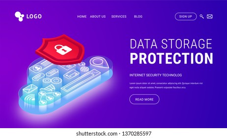 Isometric data storage protection landing page . Internet security Web design vector template. Safety and confidential personal information concept. Icons in glowing cyber cloud behind shield
