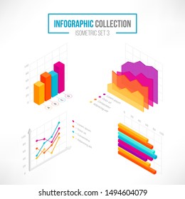 Isometric data tools finance diagram, bar chart and area graphic set. 3D financial, statistical and marketing data visualization elements. Vector Illustration for web site, presentation, apps