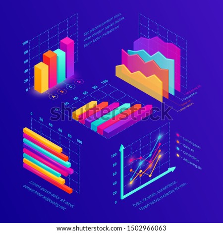 Isometric data tools finance diagram, bar chart and area graphic set. 3D statistical and marketing data visualization neon elements. Vector Illustration for web site, presentation, apps, infographics