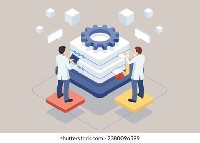 Isometric  database and cloud data storage concept, server room, accumulation of information