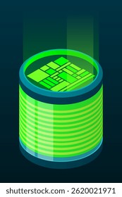 Isometric database. Isometric futuristic server. Big data isometric. Cloud computing and file cloud storage. Isometric technology