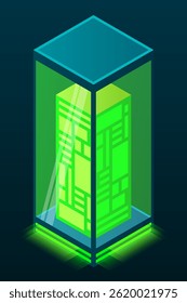 Isometric database. Isometric futuristic server. Big data isometric. Cloud computing and file cloud storage. Isometric technology