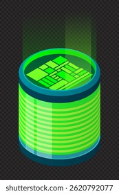 Isometric database. Isometric futuristic server. Big data isometric. Cloud computing and file cloud storage. Isometric technology