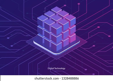 Isometric Database Icon, Abstract Computer Central Processor, Digital Technology, Tech Banner, Server Room And Big Data Processing Ultraviolet Vector