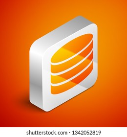 Isometric Database icon isolated on orange background. Network databases, disc with progress bar. Backup concept. Silver square button. Vector Illustration