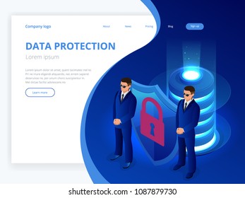 Isometric database protection concept. Server room rack, database security, shield server unit, computing digital technology. Internet equipment industry. Network telecommunication server.