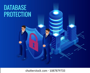 Isometric database protection concept. Server room rack, database security, shield server unit, computing digital technology. Internet equipment industry. Network telecommunication server.