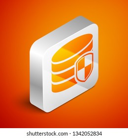 Isometric Database protection icon isolated on orange background. Secure database icon. Silver square button. Vector Illustration