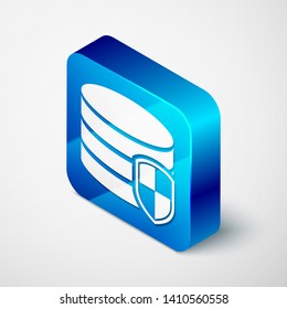 Isometric Database protection icon isolated on white background. Secure database icon. Blue square button. Vector Illustration