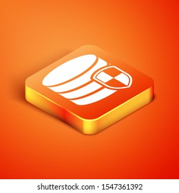 Isometric Database protection icon isolated on orange background. Secure database icon.  Vector Illustration
