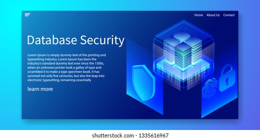 Isometric Database Security, Server Protection System by Biometrics identification concept, fingerprints, Web template, vector illustration.