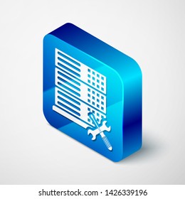 Isometric Database server with screwdriver and wrench icon isolated on white background. Adjusting, service, setting, maintenance, repair, fixing. Blue square button. Vector Illustration