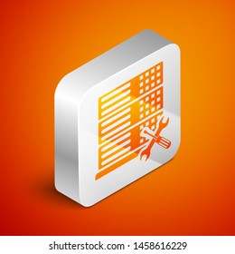 Isometric Database server with screwdriver and wrench icon isolated on orange background. Adjusting, service, setting, maintenance, repair, fixing. Silver square button. Vector Illustration