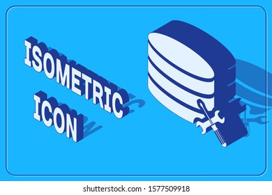 Isometric Database server with screwdriver and wrench icon isolated on blue background. Adjusting, service, setting, maintenance, repair, fixing.  Vector Illustration