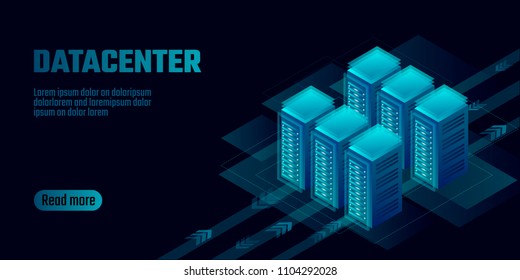 Isometric datacenter cloud computing storage concept banner. Site hosting big data processing rack rent. Mainframe computer network system server farm mining 3d neon dark design vector illustration