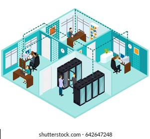 Isometric Datacenter Concept With People Working In Office Server Hosting And Database Room Vector Illustration