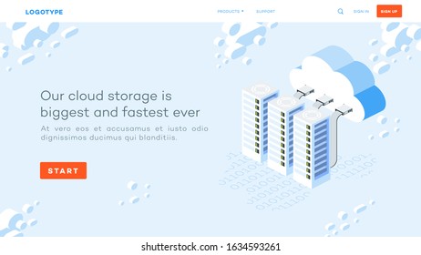 Isometric datacenter, conceptual cloud hosting illustration. Abstract cloud with server rack on cloudscape backround. Web page template.