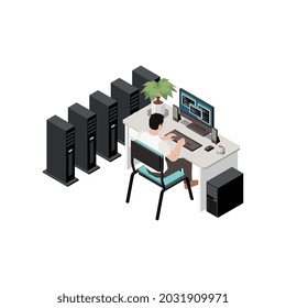 Isometric datacenter icon con el hombre trabajando en la ilustración vectorial 3d de la sala de servidores