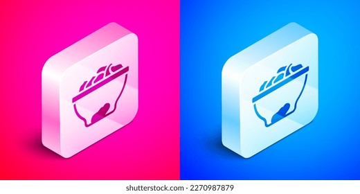 Isometric Date fruit in bowl icon isolated on pink and blue background. Silver square button. Vector