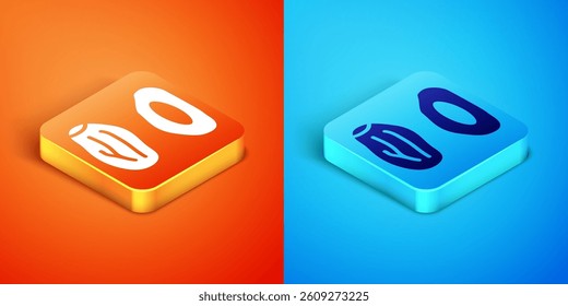 Isometric Date fruit icon isolated on orange and blue background.  Vector