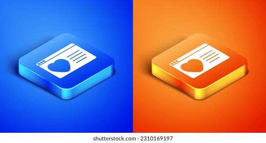 Isometric Dating app online laptop concept icon isolated on blue and orange background. Female male profile flat design. Couple match for relationship. Square button. Vector