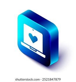 Isometric Dating app online laptop concept icon isolated on white background. Female male profile flat design. Couple match for relationship. Blue square button. Vector