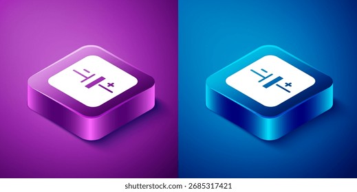 Icono isométrico de la fuente del voltaje de DC aislado en fondo azul y púrpura. Botón cuadrado. Vector